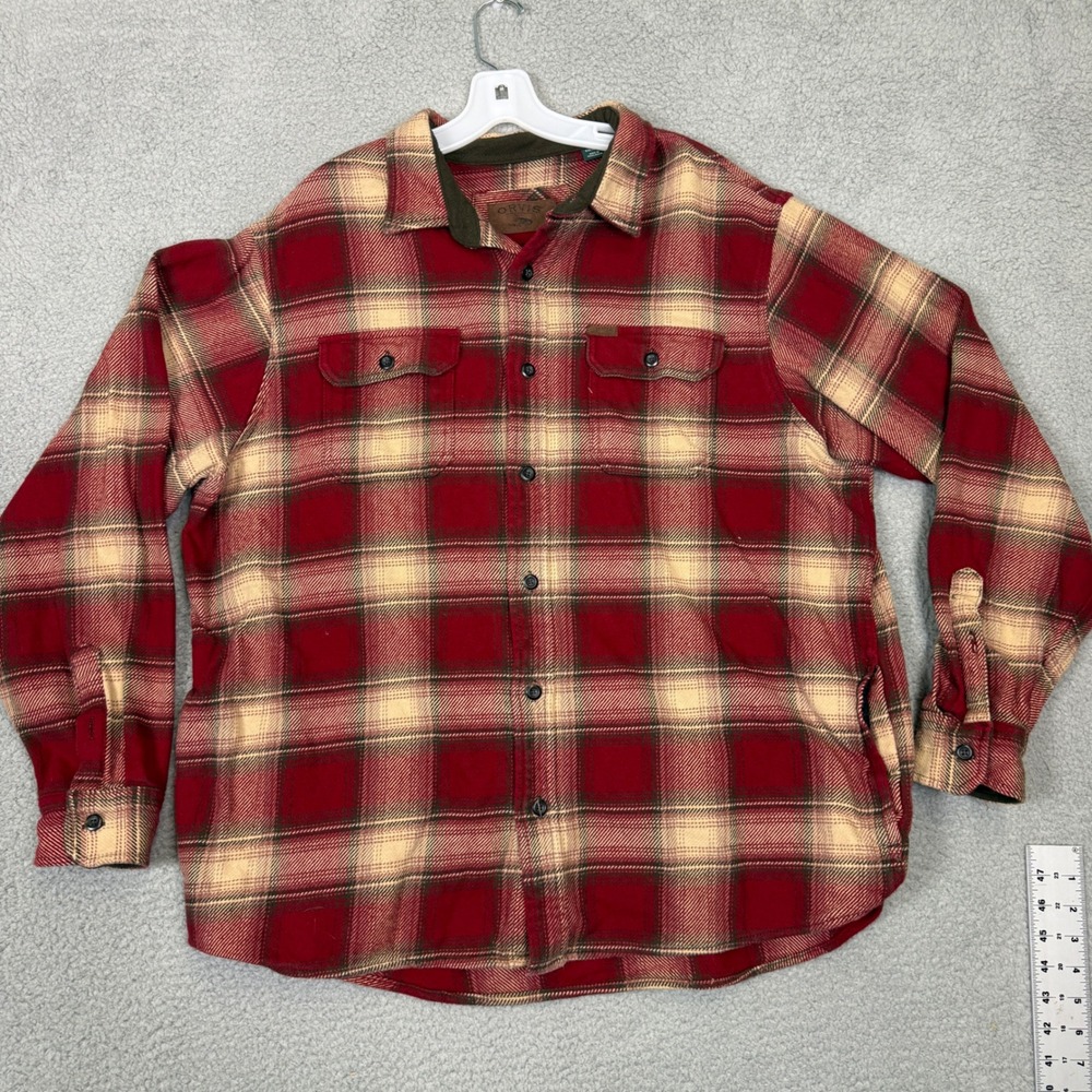 Orvis Mens XXL Red Plaid Flannel Shirt Jacket Fleece Lined Collar Heavyweight